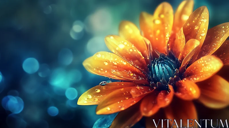 Orange flower with dew droplets against blurred teal background