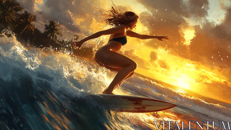 Sunlit female surfer carving dynamic wave at tropical sunset
