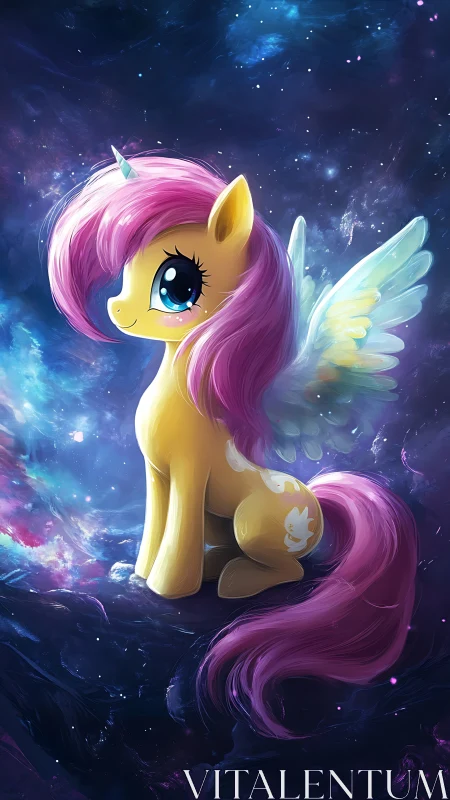 Celestial pastel pony alicorn glows in nebula sky.
