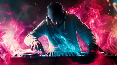 Neon smoke DJ conjures glowing beats in an electric storm.