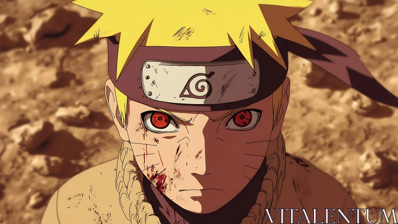 Battle-worn ninja stares ahead with fierce, glowing eyes.