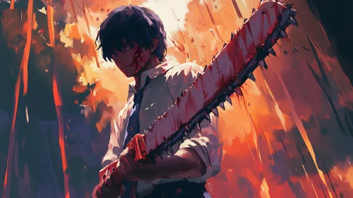Backlit anime fighter grips bloodstained chainsaw in fiery field
