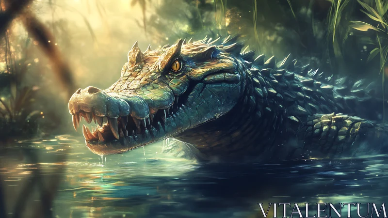 Armored crocodile emerges from luminous jungle shallows