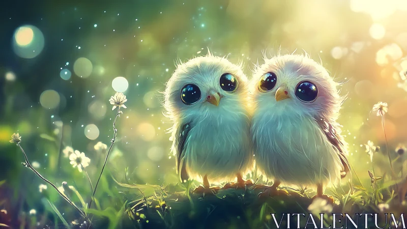 Two Adorable Fluffy Owlets in Dreamy Sunlit Meadow, Fantasy Art.