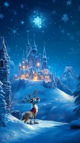 Snowlit reindeer gazes at enchanted castle of winter starlight.