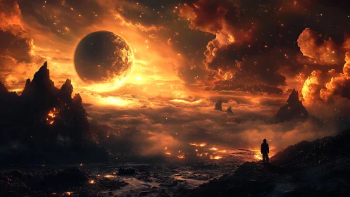 Molten exoplanet horizon under blazing celestial inferno.