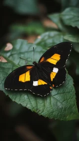 Black butterfly with amber wings rests on vivid green leaf.