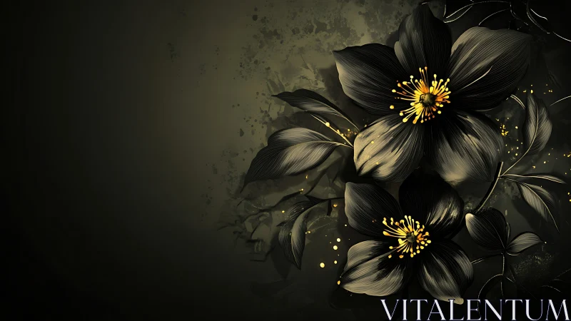 Dark Florals with Golden Stamens Against Muted Background.