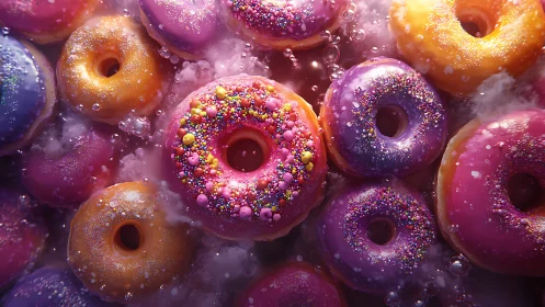 Neon frosted donuts drifting in a dreamy sugar bubble bath.