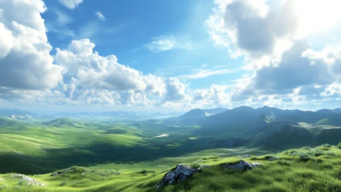 Sunlit green valley stretches beneath vast summer sky