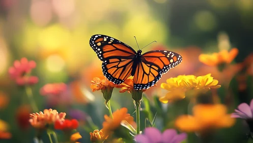 Monarch butterfly poised over zinnia blooms in warm bokeh field.