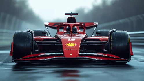 Red Formula One car accelerates on wet racetrack in mist.