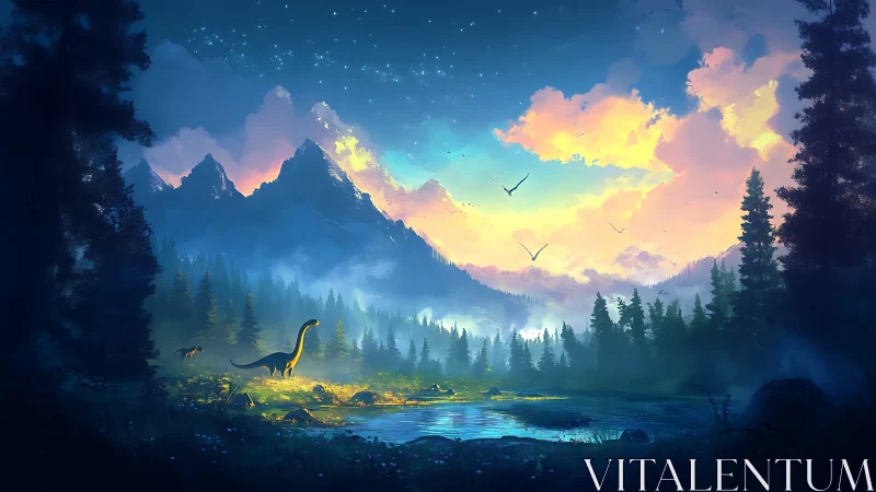 Twilight dinosaurs wander softly beneath glowing mountain skies