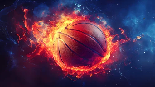 Fiery basketball ignites against deep cosmic blue background.