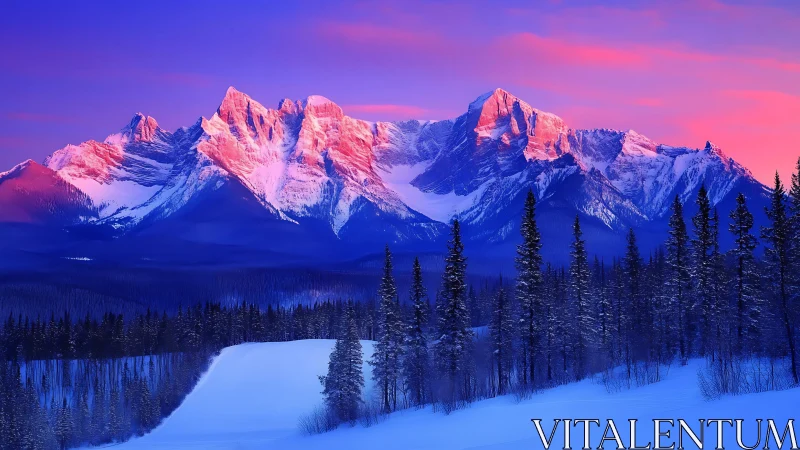 Alpenglow-illuminated winter mountain range and spruce forest