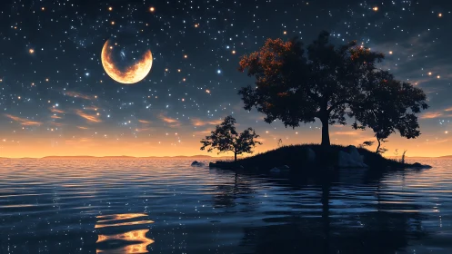 Moonlit Island Dreams Beneath Infinite Starlit Skies