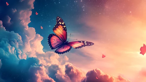Iridescent butterfly glides through nebular pastel cloudscape.