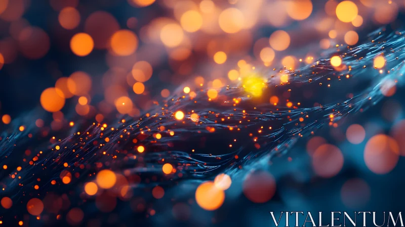 Abstract glowing fiber optic strands with warm bokeh lights.