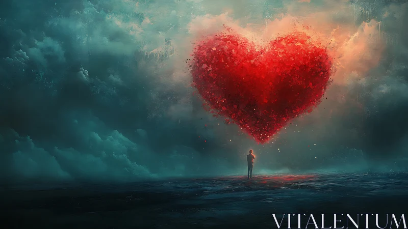 Solitary Figure Contemplating Massive Luminescent Cardiac Form.