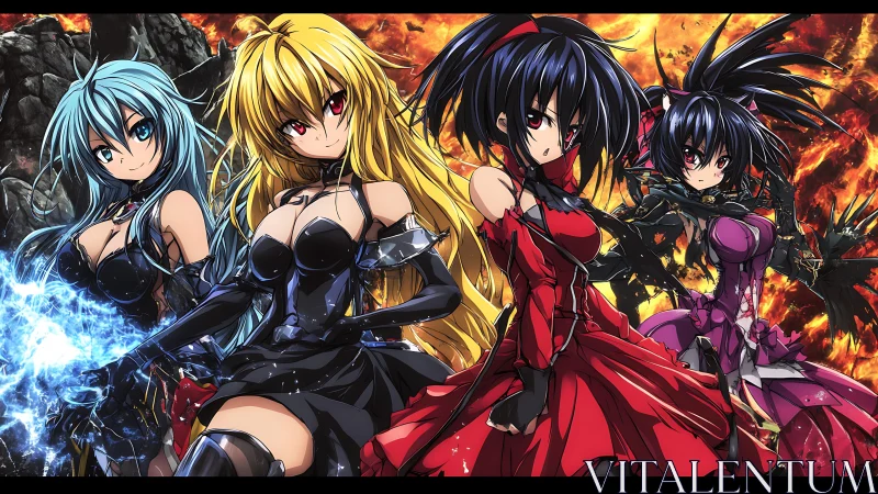 Battle-dressed heroines stride forward through molten chaos