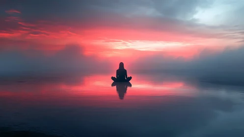 Silhouette meditates on mirrorlike water under vivid red dawn