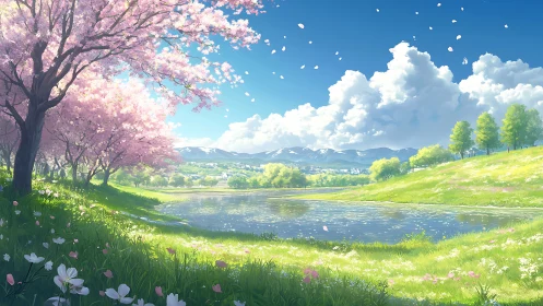 Blossoming cherry grove overlooks a tranquil riverside valley.