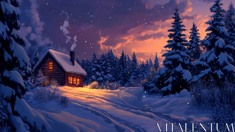 Snowy forest cabin at dusk with warm interior light.