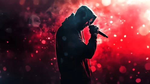 Hooded rapper holds microphone against glowing red haze