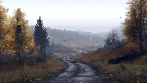 Misty rural road winding through quiet autumn valley.
