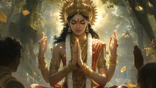 Meditating goddess radiates golden light in forest shrine
