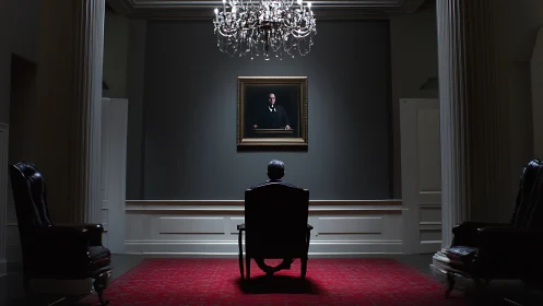 Solitary figure contemplating a portrait in stately hall.