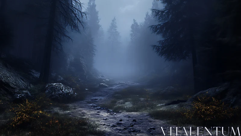 Twilight Forest Stream: Misty Wilderness Where Shadows Dance with Ethereal Light.