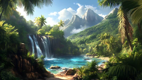Tropical waterfall lagoon cradled by sunlit emerald cliffs.