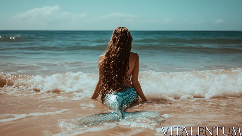 Mermaid with iridescent tail resting in sunlit shore break.