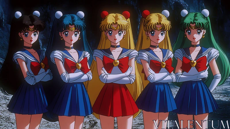 Five magical anime heroines in matching sailor uniforms.