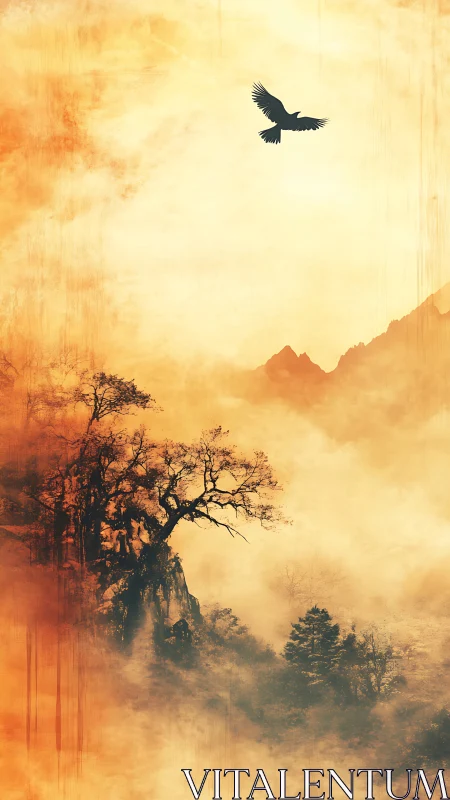 Silhouetted raven crosses misty cliff forest under diffuse ochre sky