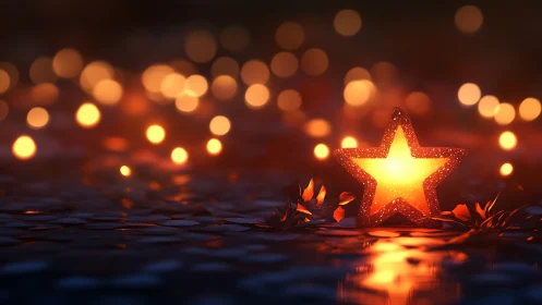 Glowing star ornament amid warm festive bokeh lights.