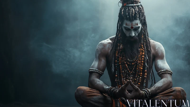 Mystic ascetic in smoke-filled void holding intense meditation.