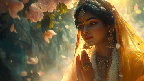 Devotional woman in golden sari under soft floral light