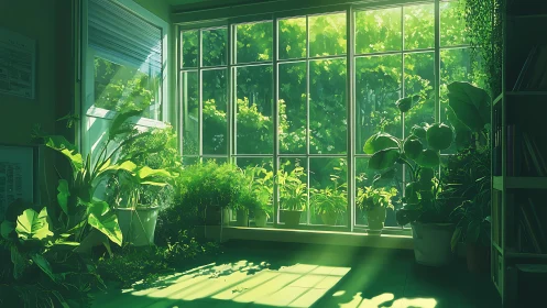 Photosynthetic indoor garden under directional window illumination.