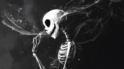 Smoke and skeleton in a playful monochrome swirl.