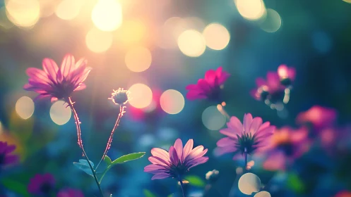 Shallow depth field rendering of magenta daisy-form flowers with bokeh light diffusion