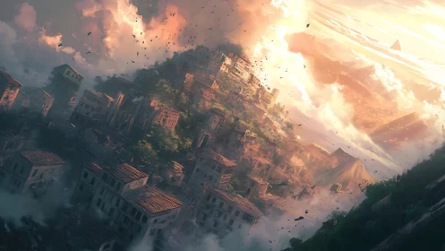 Tilted hillside city collapses amid clouds and bright sky