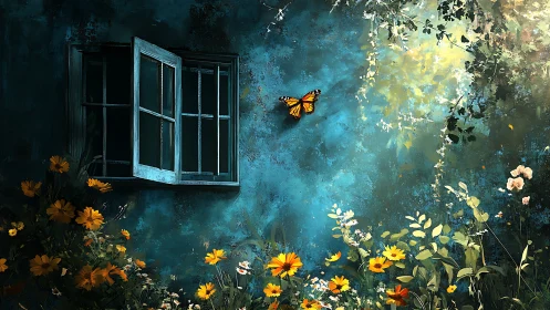 Butterfly vector over teal façade with luminous floral foreground.