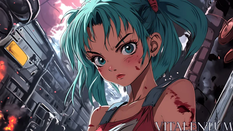 Battle-ready teal-haired heroine in a smoky metal wasteland.