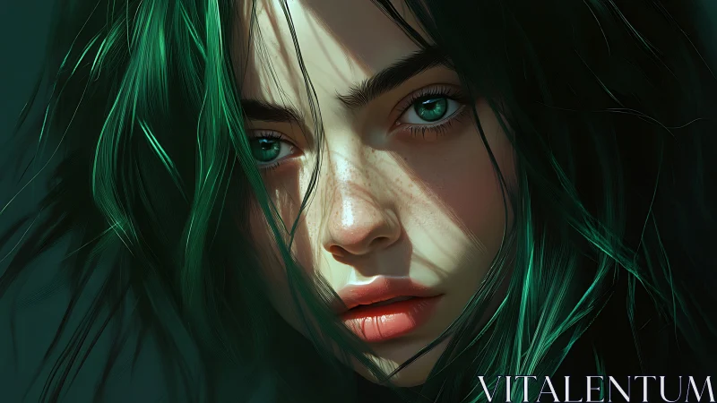 Emerald gaze in sunlit shadows, a softly fierce portrait.