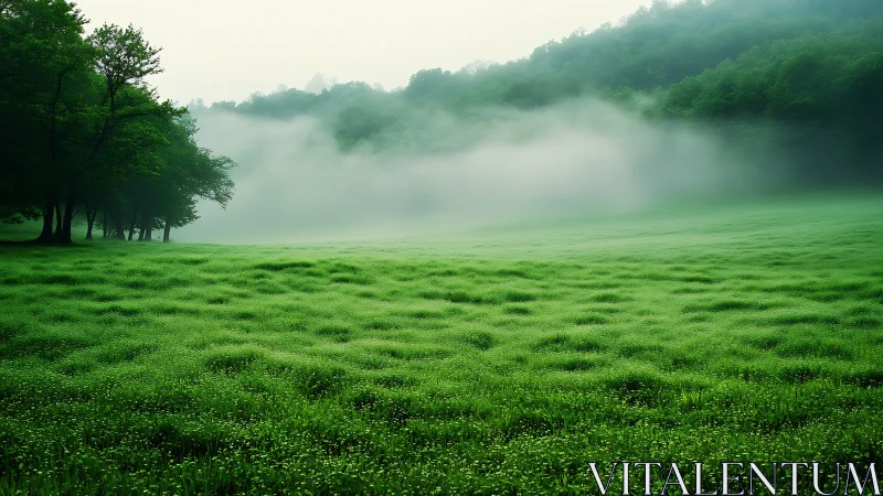 Soft morning mist drifts over a peaceful green meadow