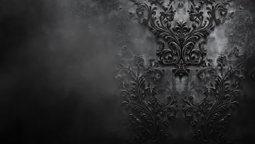 Dark baroque floral relief on distressed textured wall