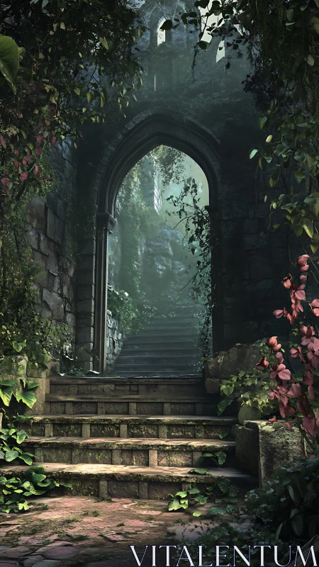 Overgrown stone archway framing luminous forest stairway.