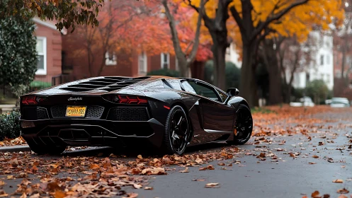 Black sports car parked on suburban street in autumn.